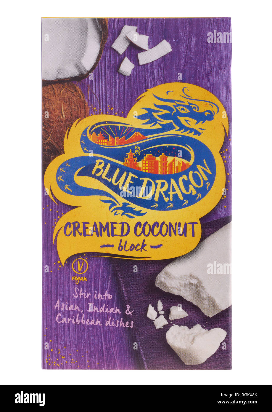 Paquete de crema de coco bloque dragón azul sobre fondo blanco. Foto de stock
