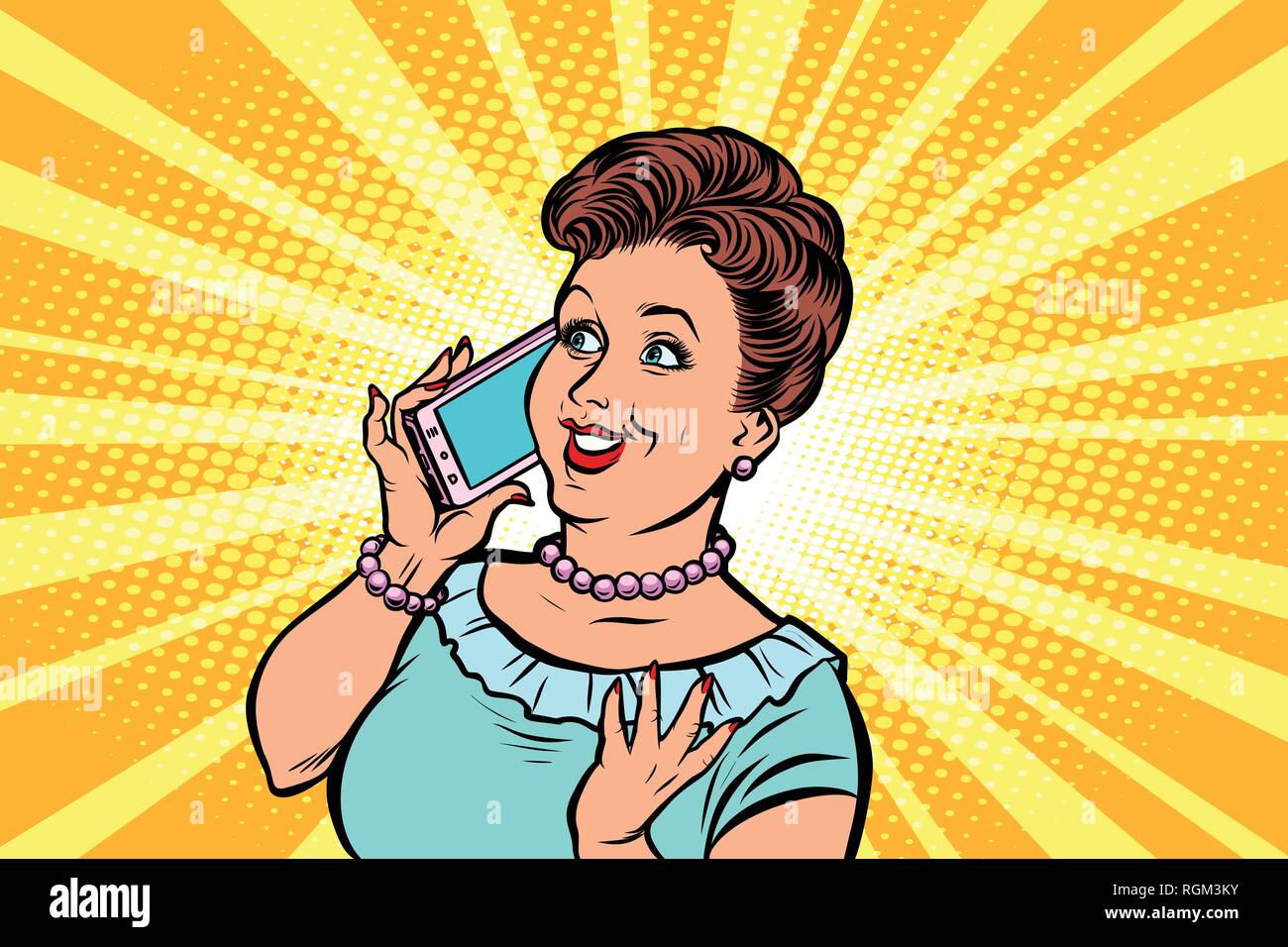Mujer de mediana edad hablando por teléfono. Comic cartoon pop art retro ilustración vectorial dibujo a mano Ilustración del Vector