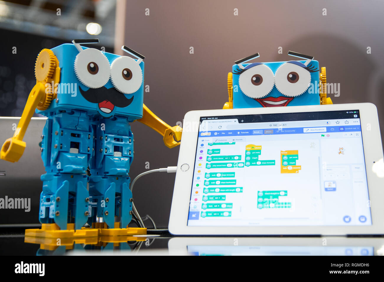 Nurmberg, Alemania. 30 ene, 2019. 30 de enero de 2019, Baviera, Núremberg:  Dos modelos de Marty robot estarán en exhibición en el 2019 Toy Fair en el  stand de la empresa escocesa