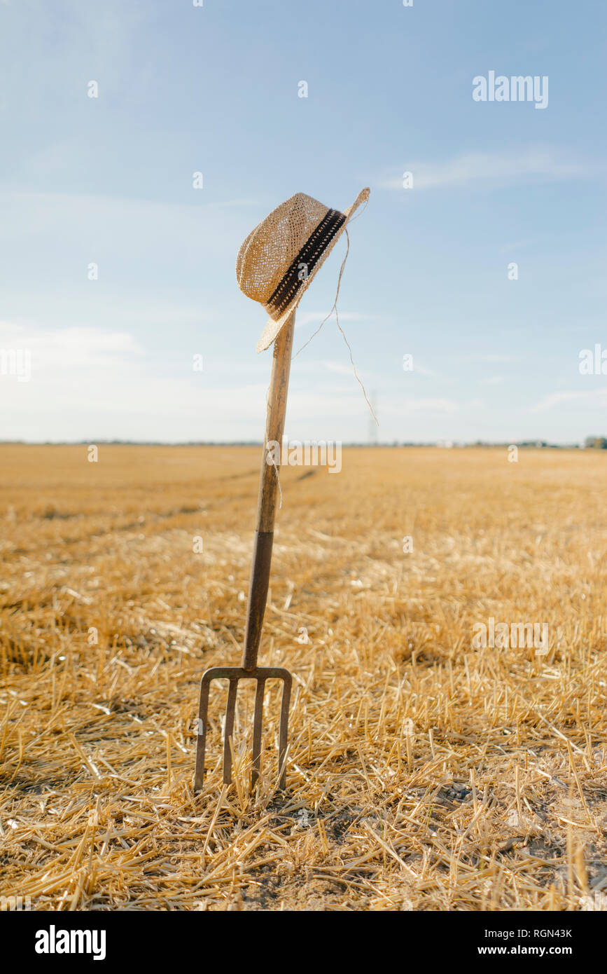 Sombrero de Paja en la horca en el campo paisaje rural Foto de stock