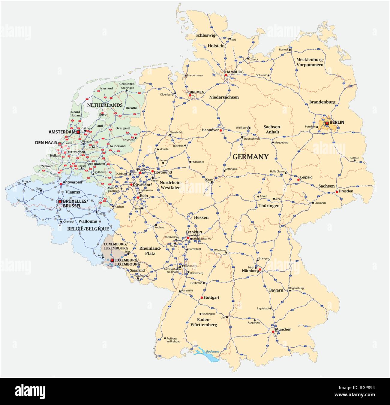 Autopista mapa de vectores de Alemania y los países del Benelux Ilustración del Vector