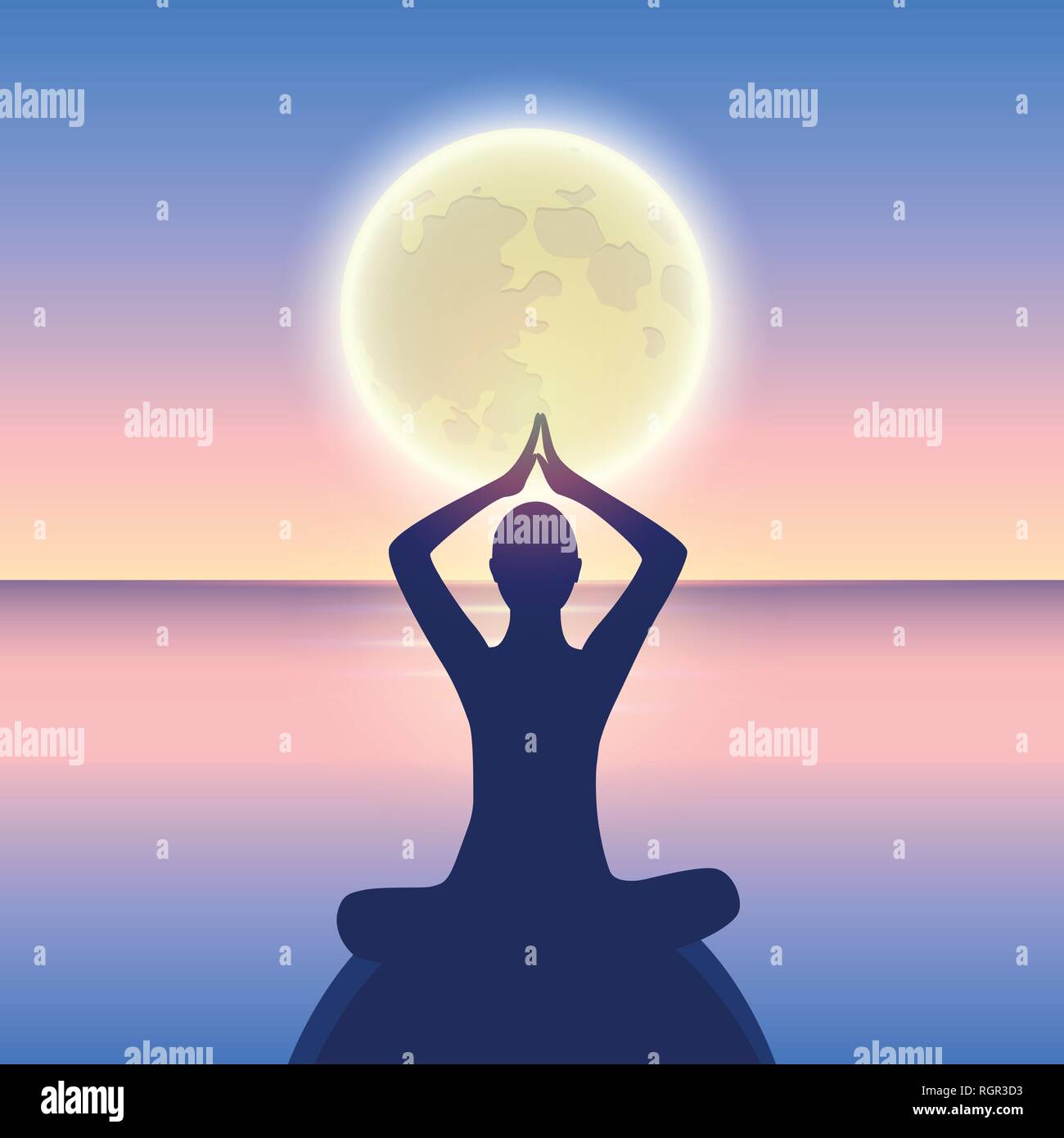 Meditación pacífica en un mar calmado en moonlight ilustración vectorial EPS10 Ilustración del Vector