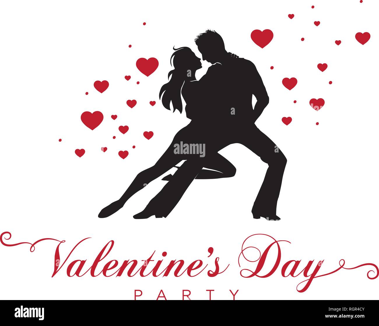 Fiesta del Día de San Valentín, la tipografía con bailarines latinos y Corazones rojos ilustración Ilustración del Vector