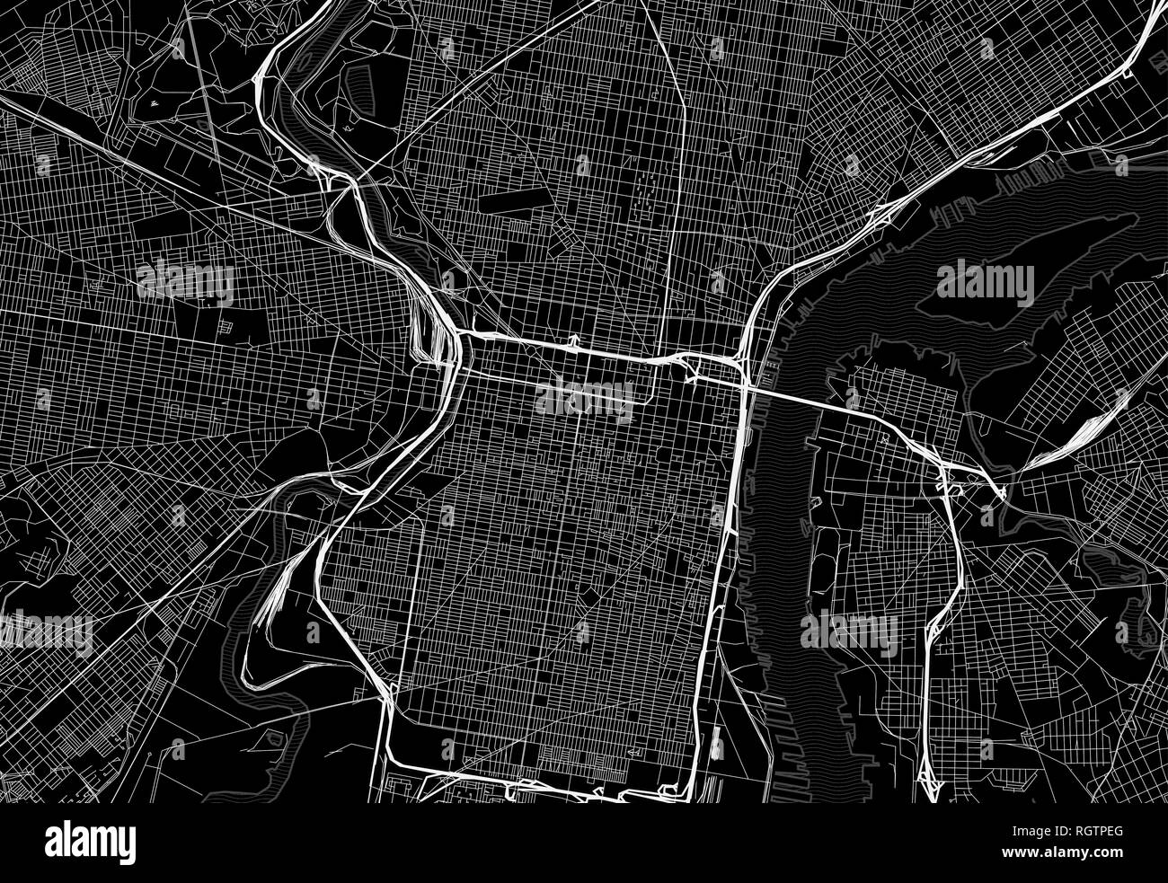 Mapa de negro en el centro de Filadelfia, EE.UU. Este vector artmap es creado como un fondo decorativo o un signo único para viajar. Ilustración del Vector