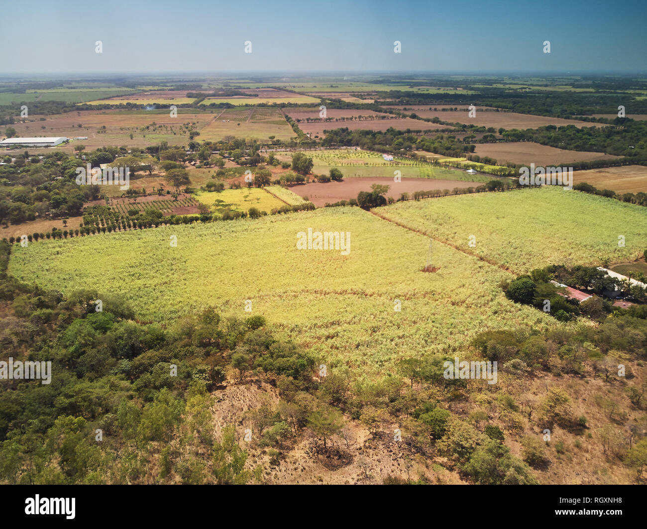 Verdes campos agrícolas por encima de drone ver en Nicaragua Foto de stock