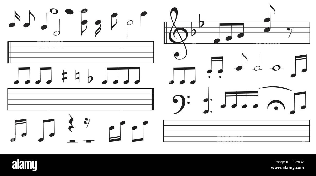 Notas musicales y claves sobre fondo blanco. Teclas del piano. Treble
