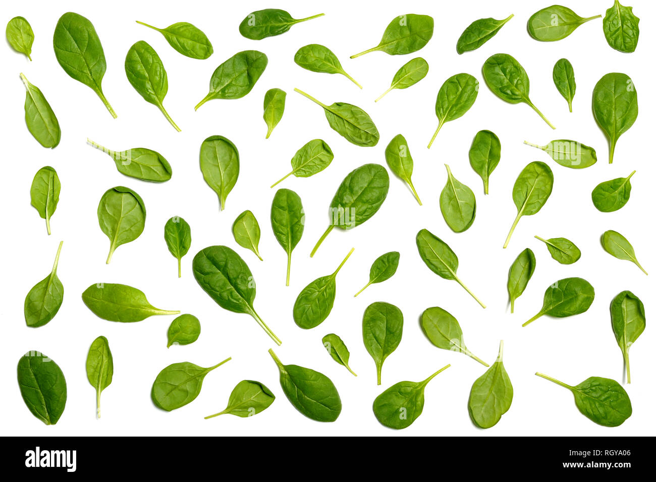 Patrón vegetal hecho de hojas de espinacas verdes aisladas sobre fondo blanco. Concepto de comida creativa. Foto de stock