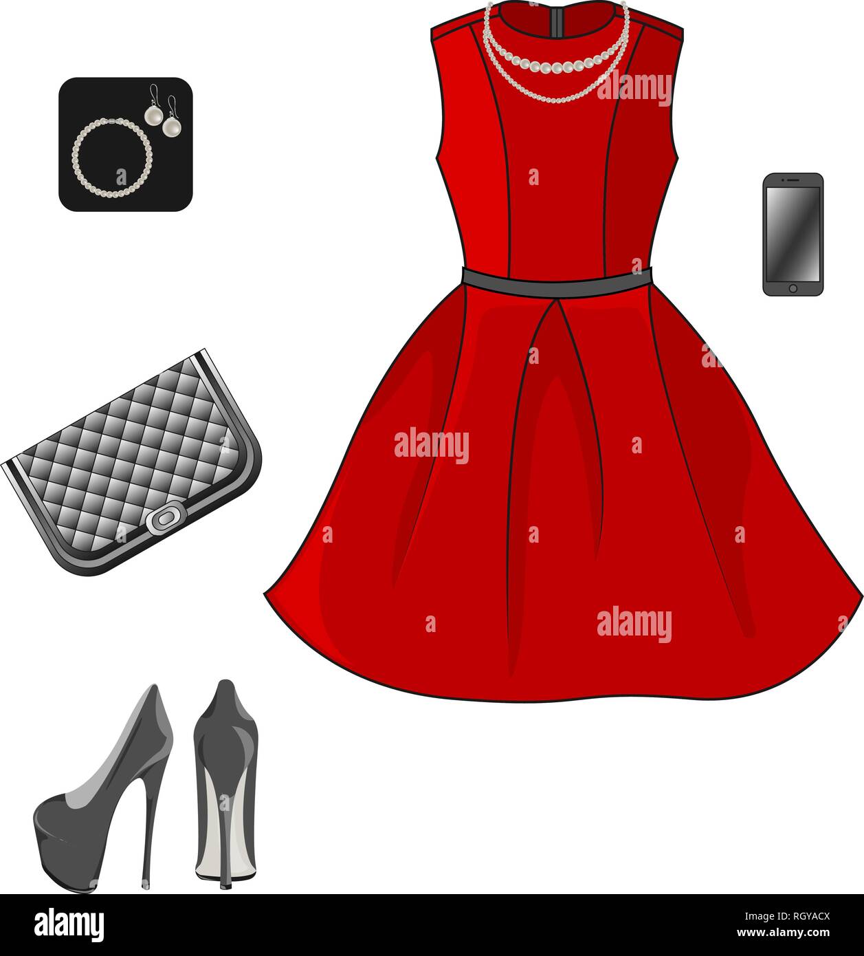 Conjunto de ropa de moda para otoño, primavera, verano. Mujer ropa elegante y de moda. Vestido Rojo, zapatos, bolsos, accesorios de teléfono - el embrague. V Imagen Vector de stock - Alamy