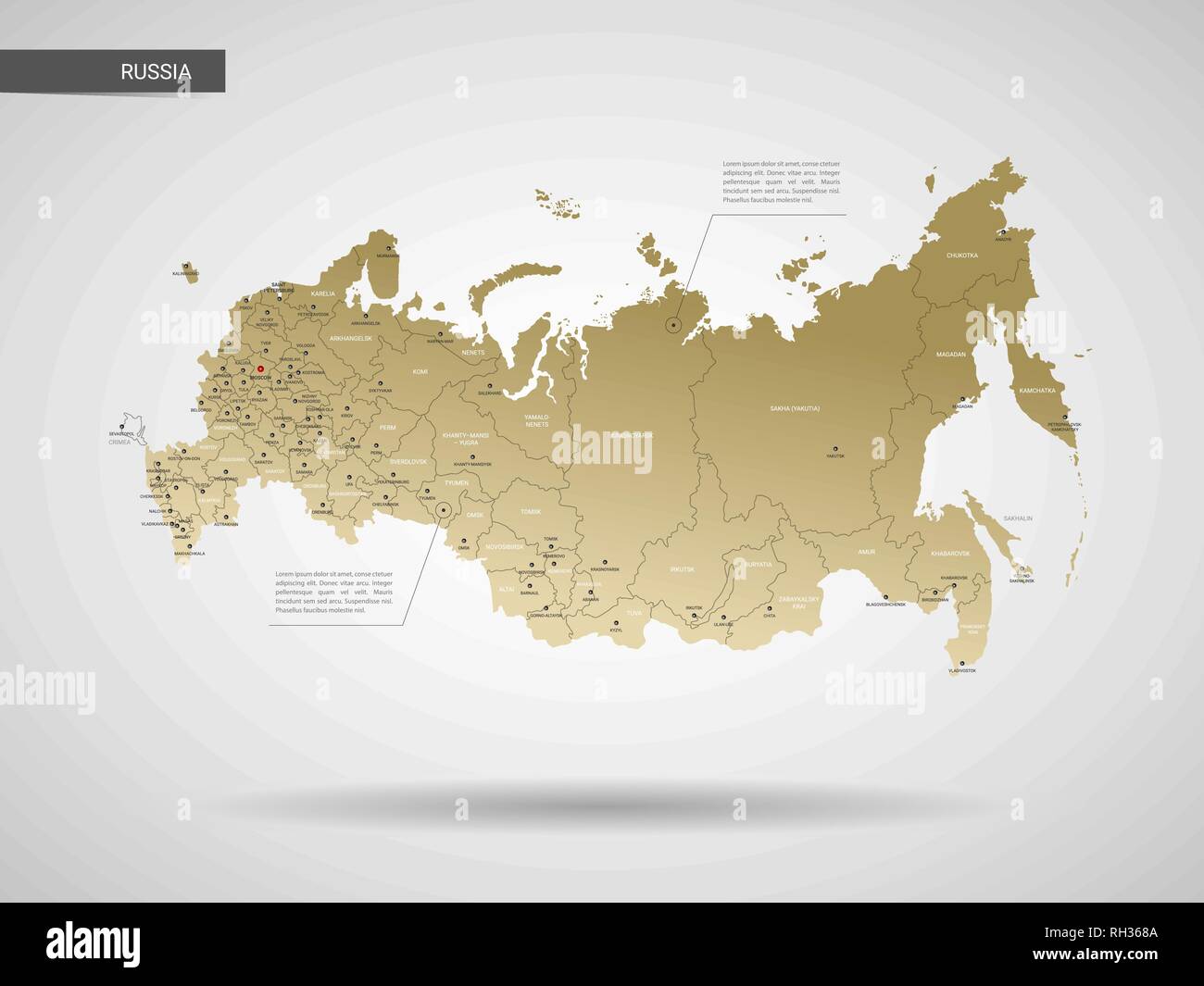 Rusia Mapa Vectorial Estilizados Infografía 3d Oro Ilustración Mapa Con Las Ciudades Las 