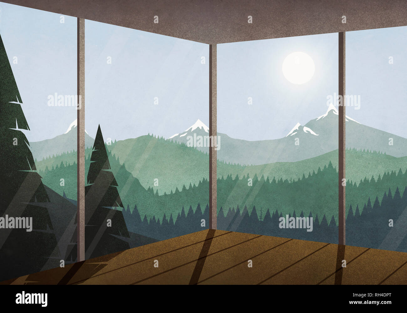 Vista del sol brillando sobre idílico paisaje de montaña y bosque desde la casa de vidrio Foto de stock