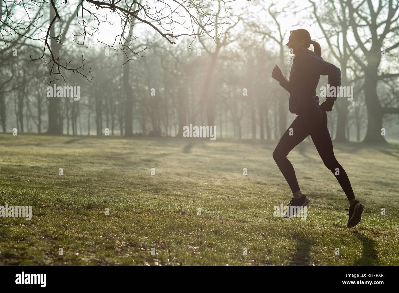 Mujer en invierno temprano por la mañana se ejecute en el mantenimiento del parque Monte escuchando música a través de auriculares. Foto de stock