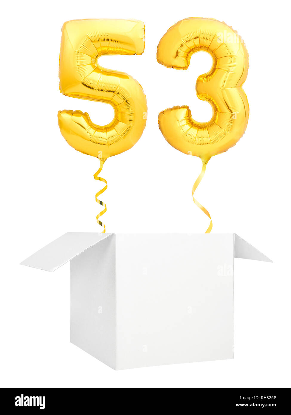 Golden número cincuenta y tres globos inflables con cinta dorada que volaba fuera de cuadro en blanco aislado sobre fondo blanco. Foto de stock
