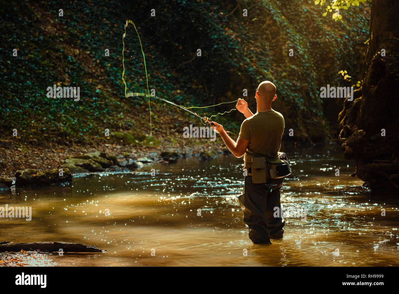 Un pescador pesca con mosca pesca en el arroyo fluido o torrente Foto de stock