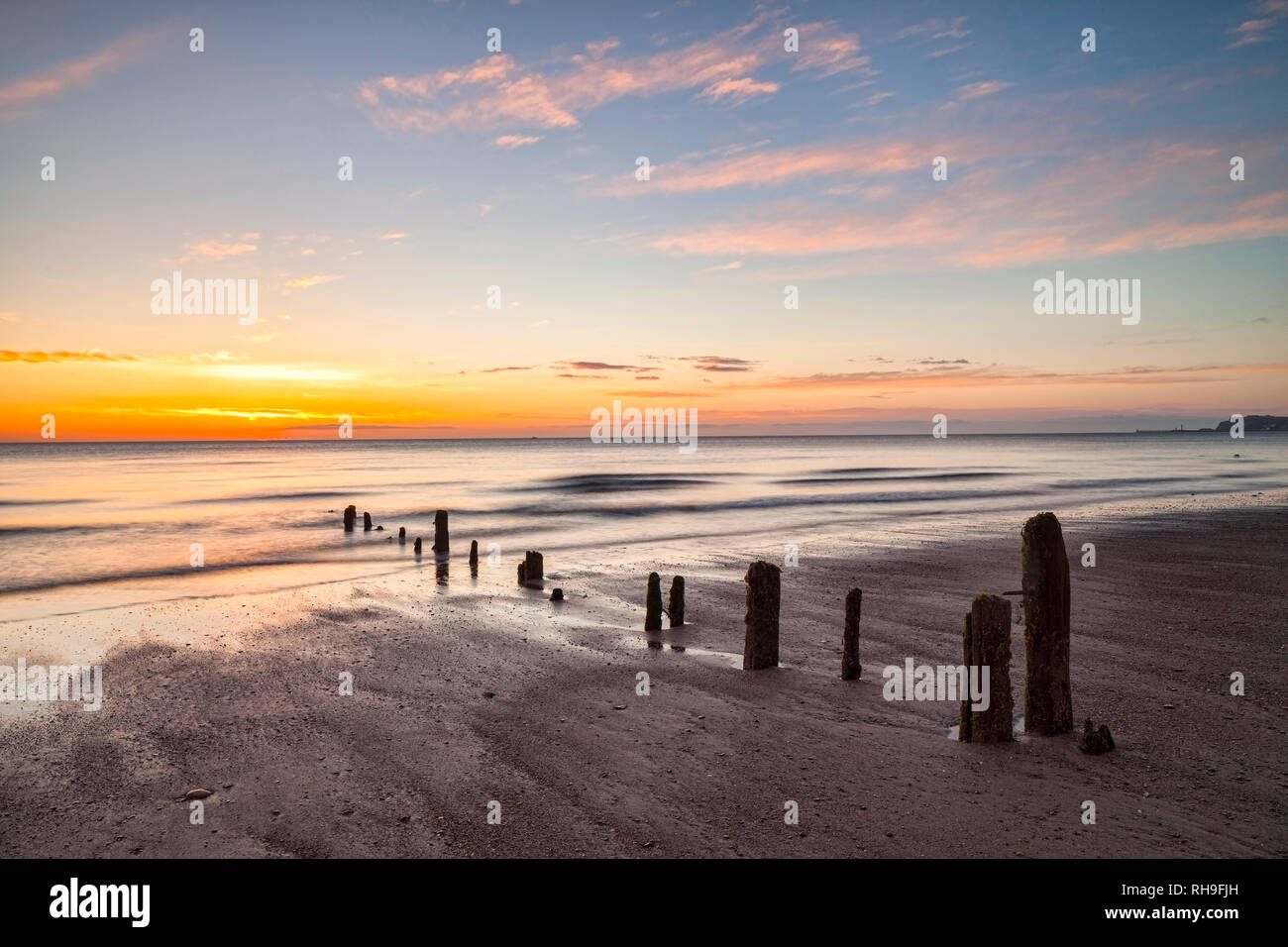 Restos de groynes en la playa de Sandsend, Whitby, Yorkshire del Norte, al amanecer Foto de stock