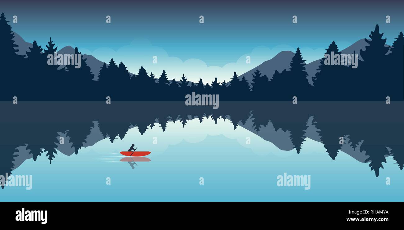 Lonely canoa aventura con el barco rojo paisaje forestal ilustración vectorial EPS10 Ilustración del Vector