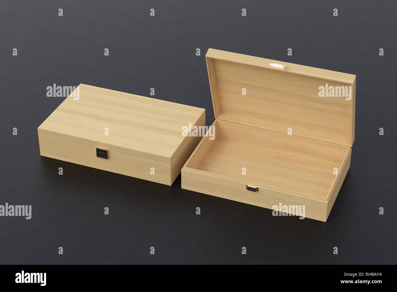 Abierto y cerrado largo de madera vacías cajas o cofres sobre fondo negro.  Ilustración 3d Fotografía de stock - Alamy