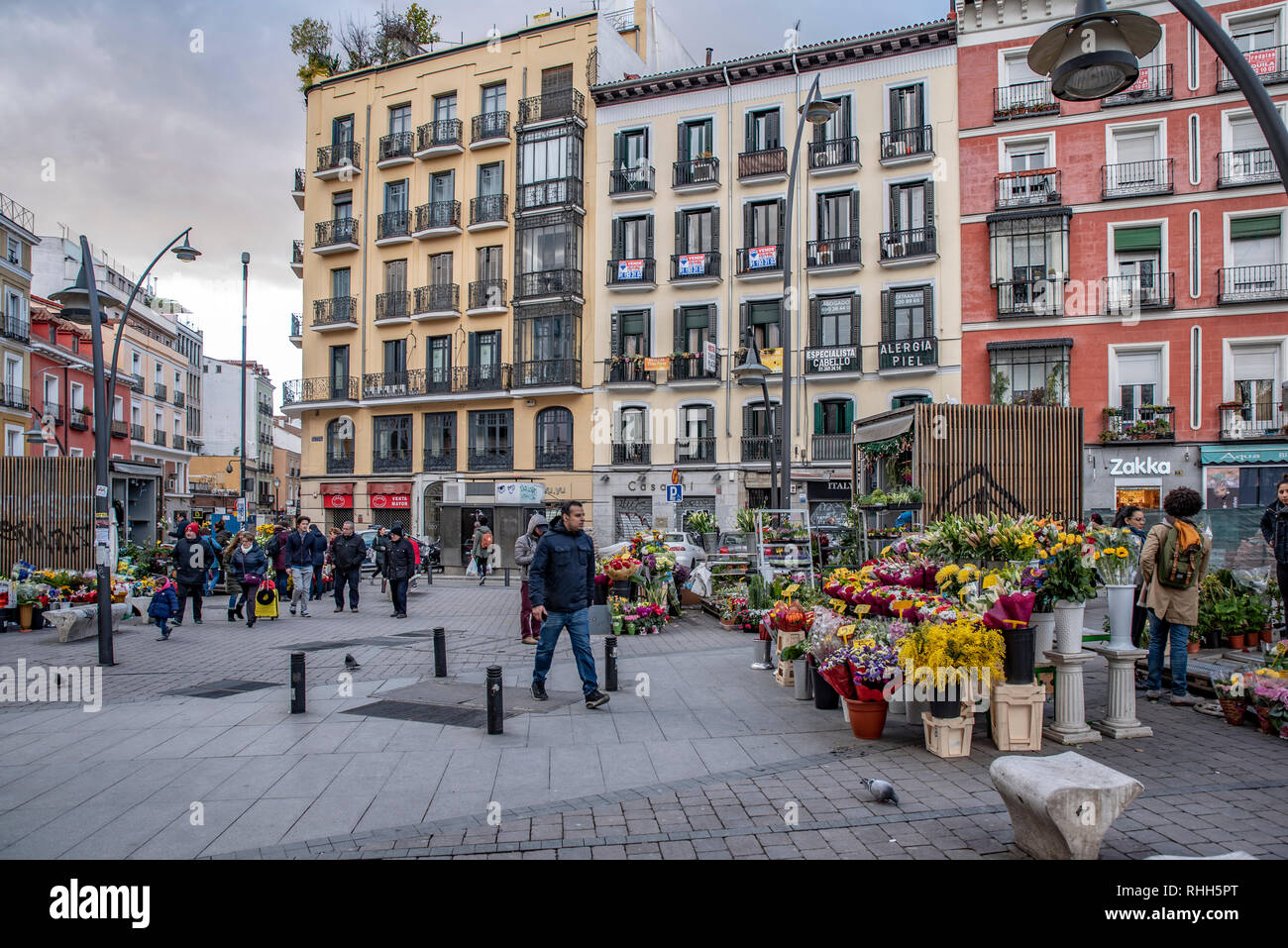 Madrid, febrero de 2019: el mercado de flores la Plaza Tirso de Molina, en el centro de Madrid Fotografía de stock -