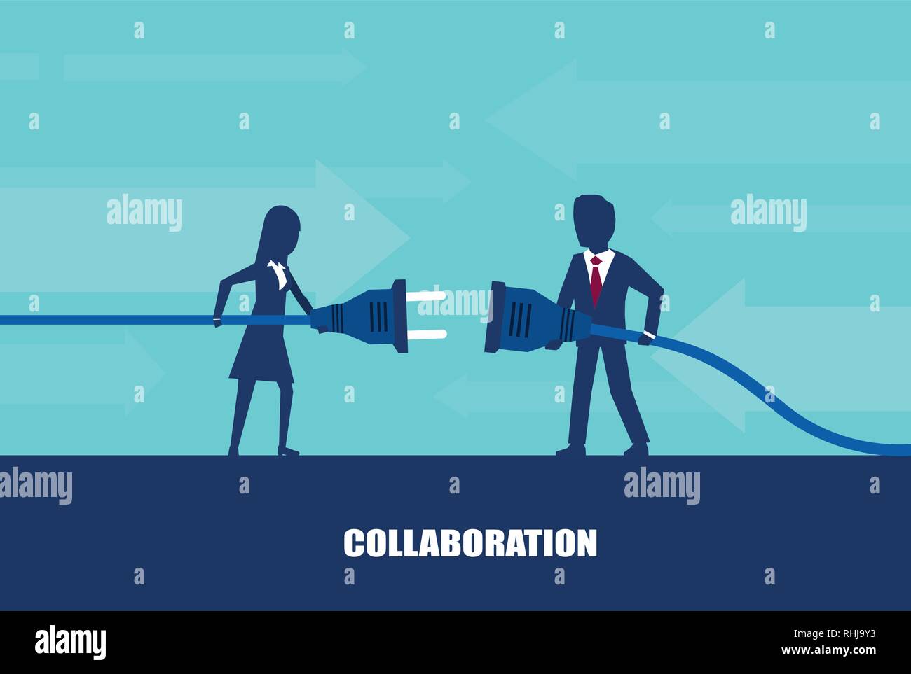 La colaboración empresarial y el concepto de asociación. Vector de un empresario y una empresaria que conecta el enchufe de salida y aislado sobre fondo azul. Ilustración del Vector