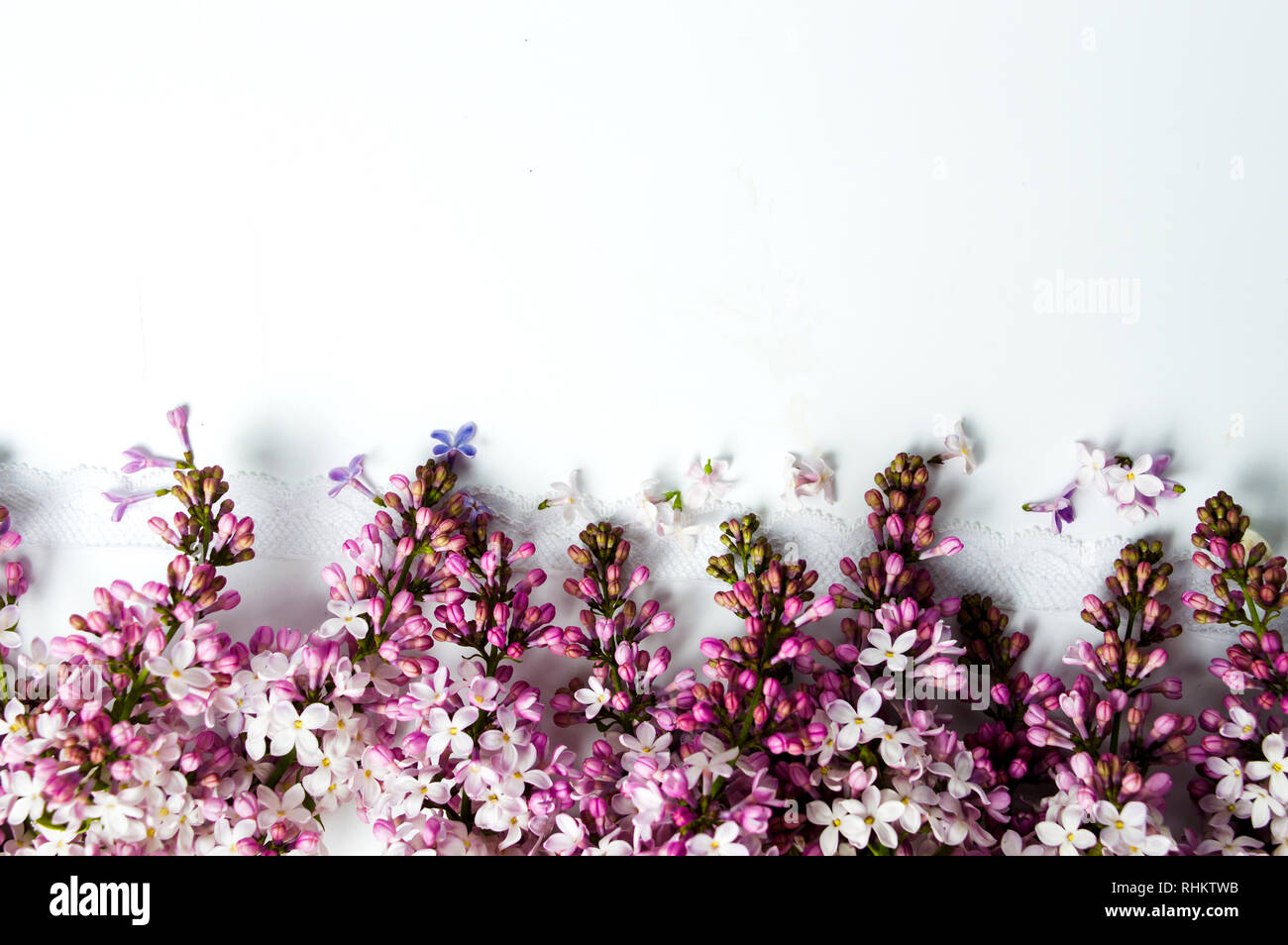 Arreglos con flores de color lila copia vista superior del espacio Foto de stock