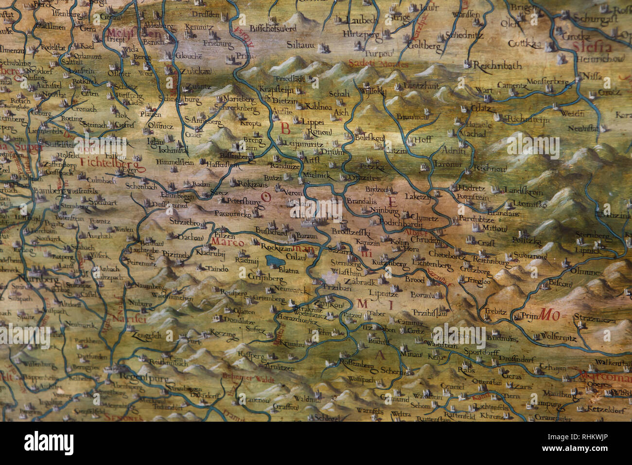 Mapa de Bohemia y Alemania fechadas entre 1564-1586 en la pantalla en la Sala de Mapas geográficos (Sala delle Carte Geografiche) en el Palazzo Vecchio de Florencia, Toscana, Italia. Foto de stock