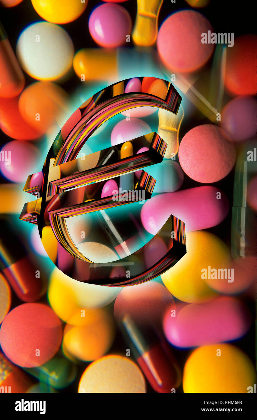 Signo del euro frente a las tabletas, pastillas, cápsulas, ilustración Foto de stock