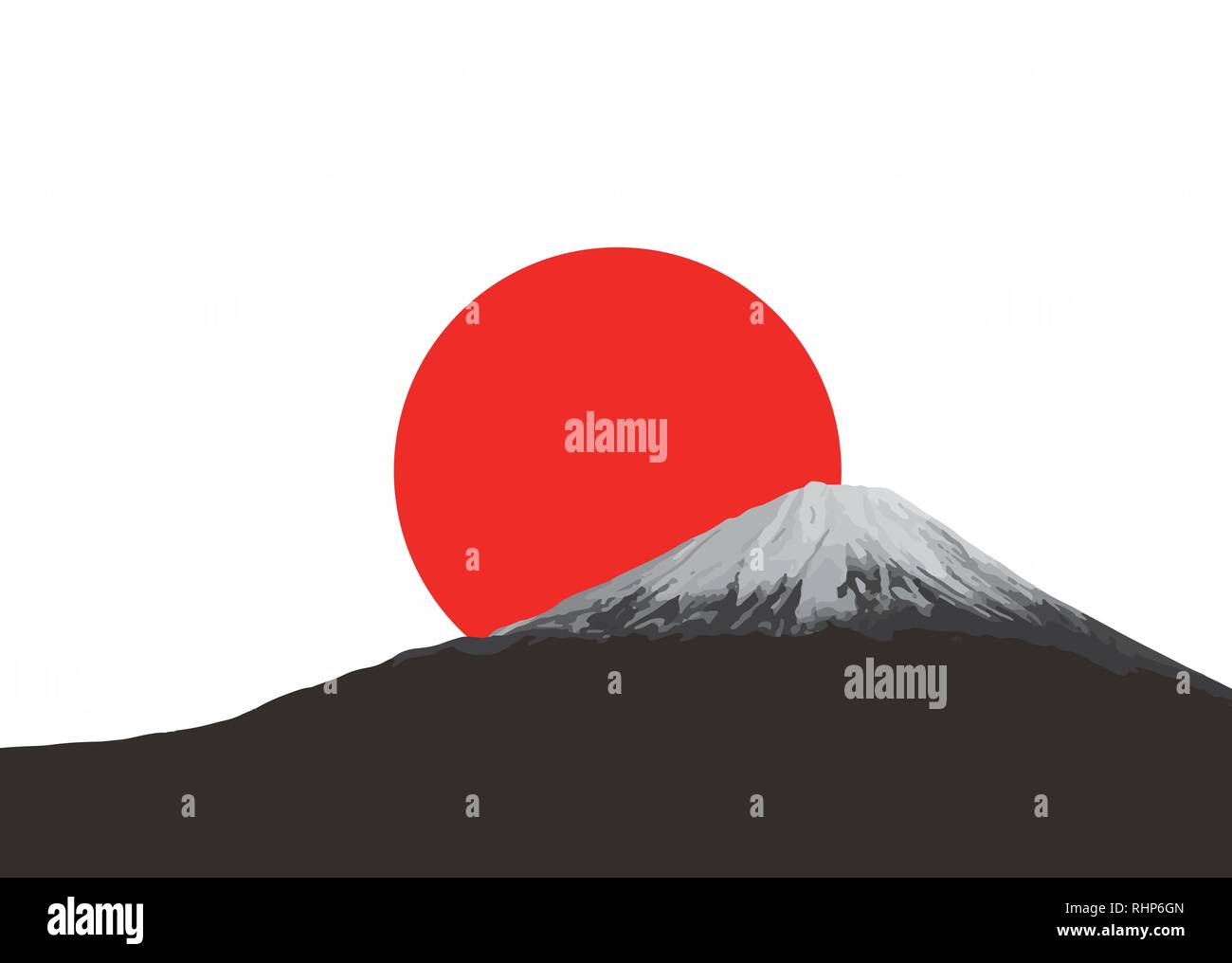 El monte Fuji y rojo sol naciente. Bandera y símbolo de Japón. Ilustración del Vector