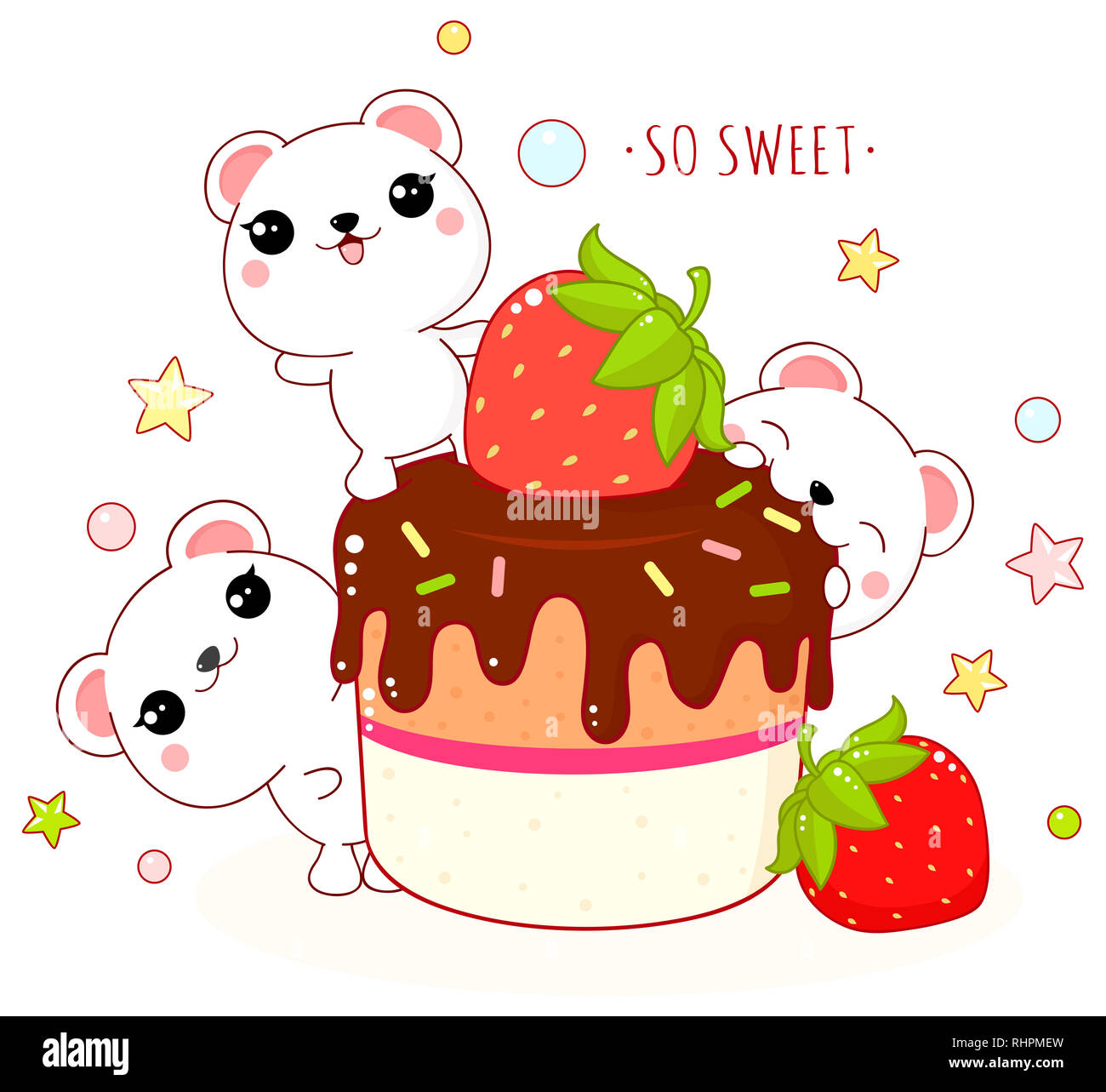 Cute yummy tarjeta en estilo kawaii. Adorable oso polar con tarta de fresas  con chocolate. Inscripción tan dulce. EPS8 Fotografía de stock - Alamy