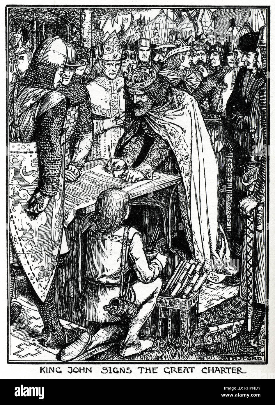 El rey Juan firma la Carta Magna. El rey Juan (1166 - 1216), también conocido como John Lackland, fue Rey de Inglaterra desde 1199 hasta 1216. La revuelta señorial a finales del reinado de Juan condujo a la estanquidad de la Carta Magna. Foto de stock