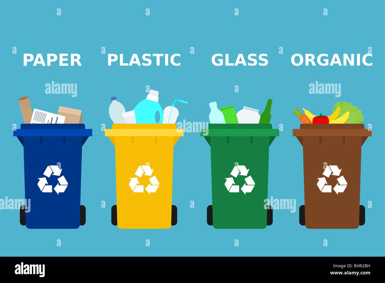 Botes de basura de diferentes colores con papel, plástico, vidrio y  apropiados para el reciclaje de residuos orgánicos. Separar la basura, la  clasificación de residuos, la gestión de residuos Imagen Vector de