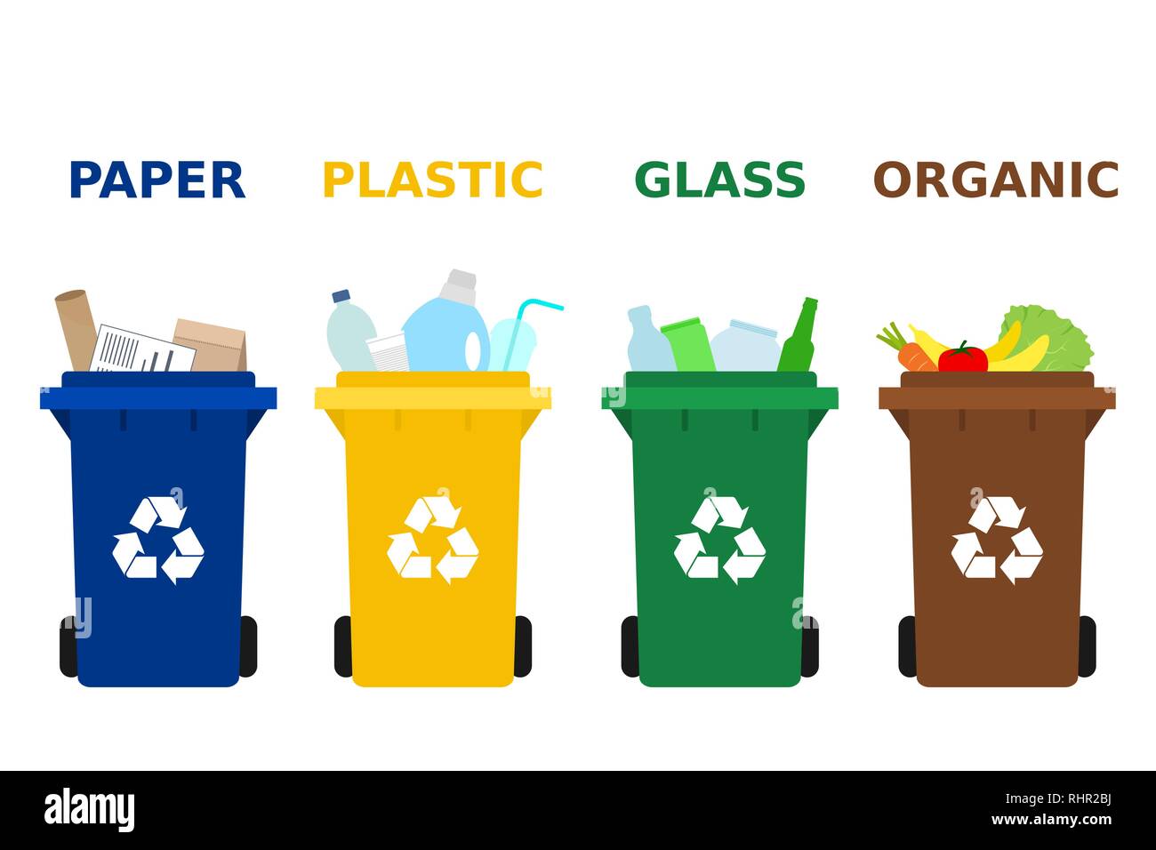 Botes de basura de diferentes colores con papel, vidrio y apropiados para el reciclaje de residuos orgánicos. Separar la basura, la clasificación de la gestión de residuos Imagen Vector de