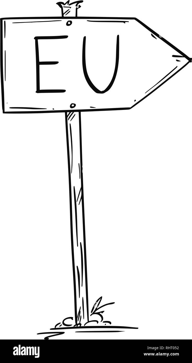 Dibujo de Pequeña Señal de flecha Carretera de madera rústica con EU o la Unión Europea texto Ilustración del Vector