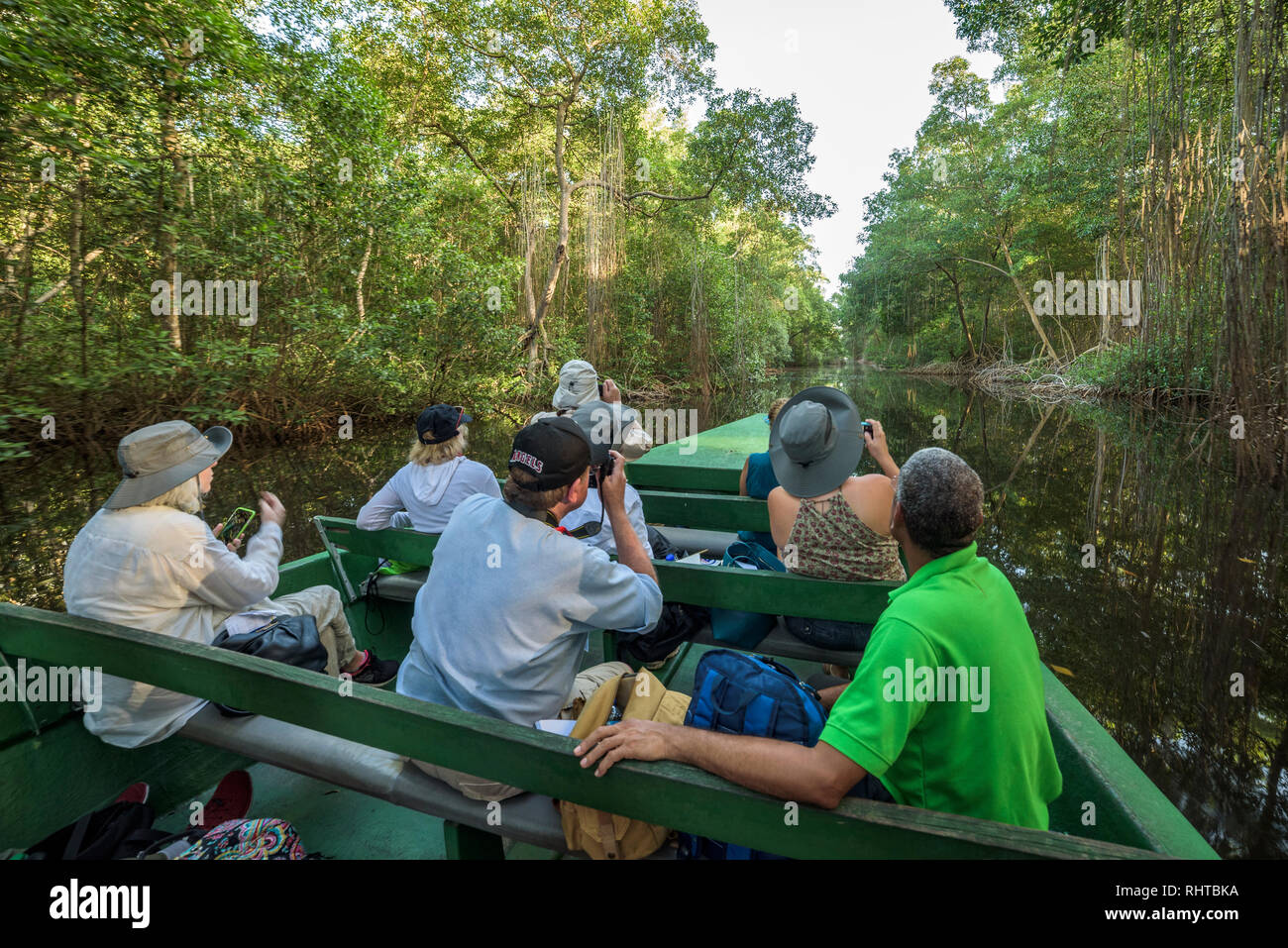 Los visitantes de excursión en bote de pantano Caroni Santuario de Aves en la isla de Trinidad, Trinidad y Tobago. Foto de stock