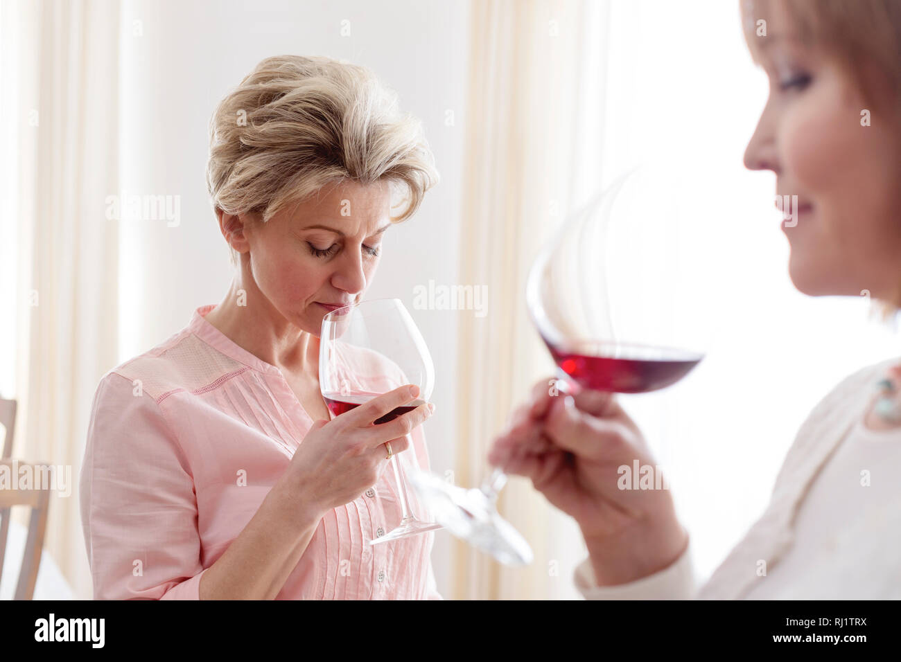 Las mujeres maduras bebiendo vino mientras está parado en el hogar Foto de stock