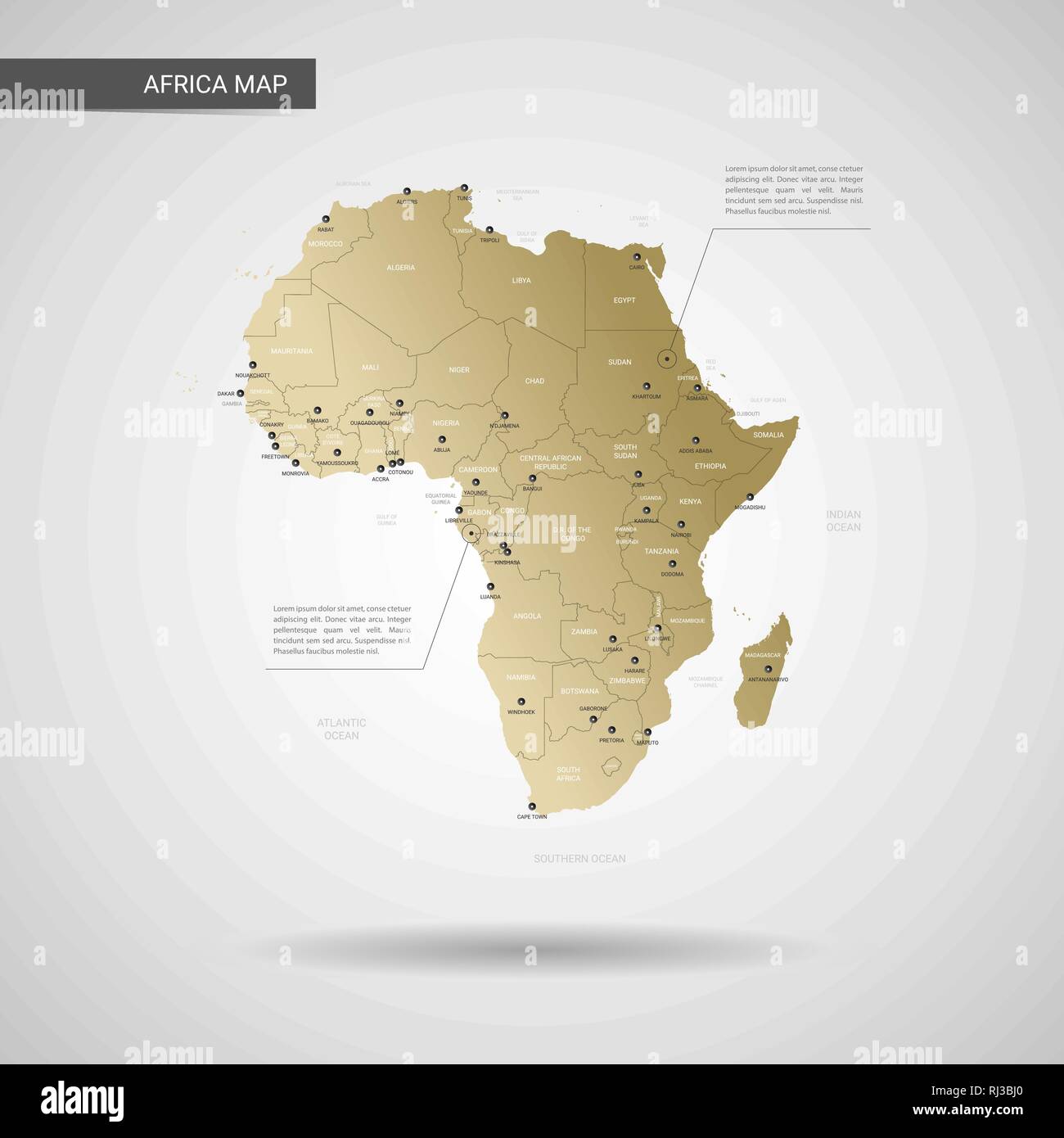 Africa Mapa Vectorial Estilizados Infografía 3d Oro Ilustración Mapa Con Las Ciudades Las 3363