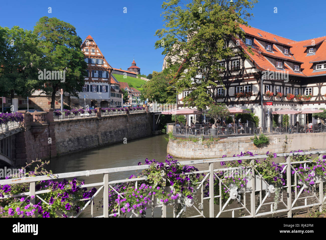 Blick über den Wehrneckarkanal auf Schwörhaus und Burg, Esslingen am Neckar, Baden-Württemberg, Deutschland Foto de stock