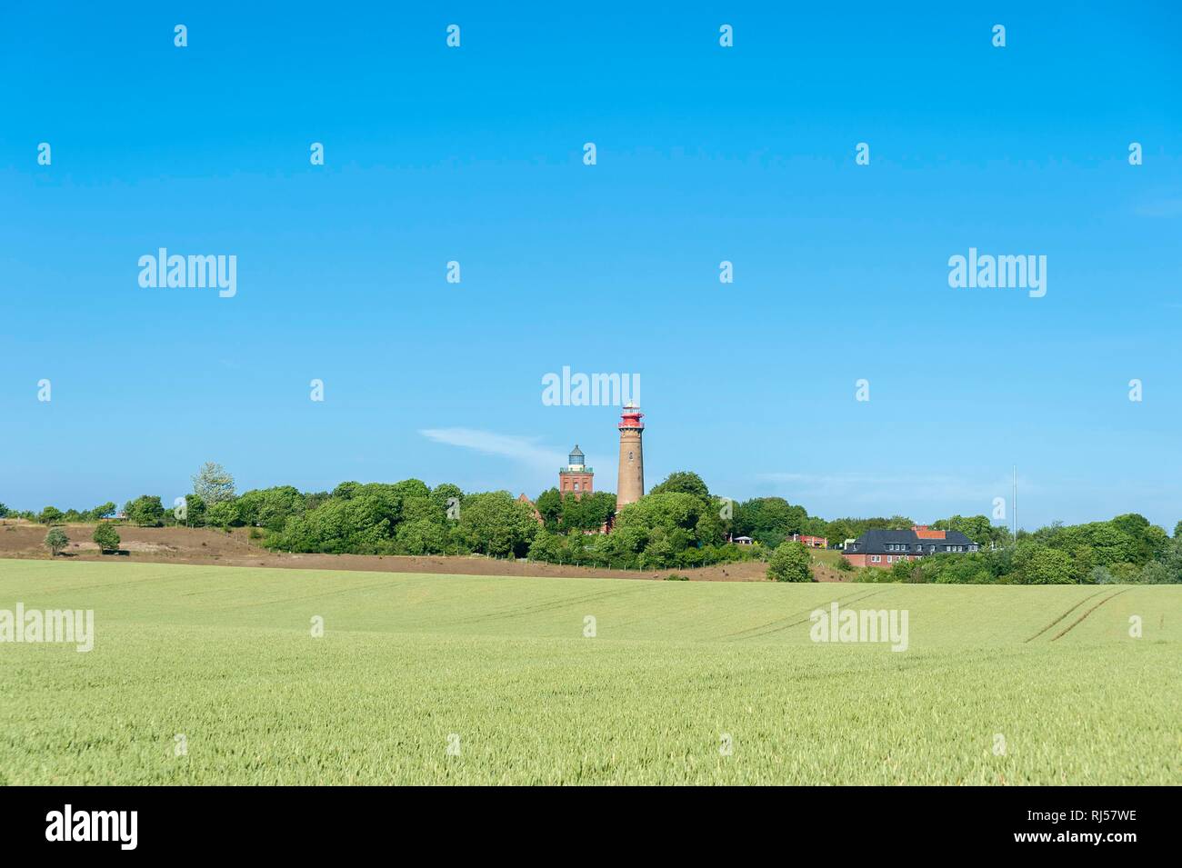 El grano en el campo delante de Schinkel Tower y el nuevo faro, Putgarten, Rügen, Mecklemburgo-Pomerania Occidental, Alemania Foto de stock