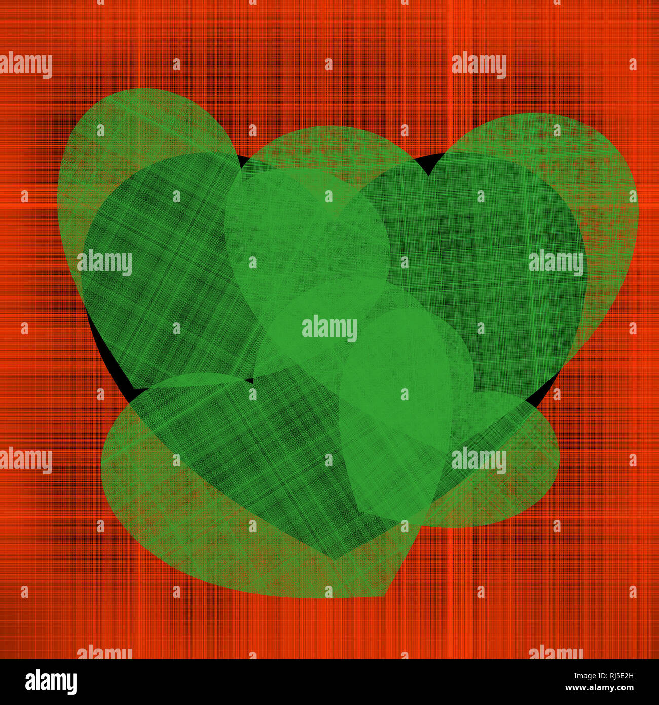 Ilustración de contraste para el día de San Valentín muchos corazones verdes de diferentes tamaños en un corazón negro sobre un fondo de color rojo hilos entrelazados Foto de stock