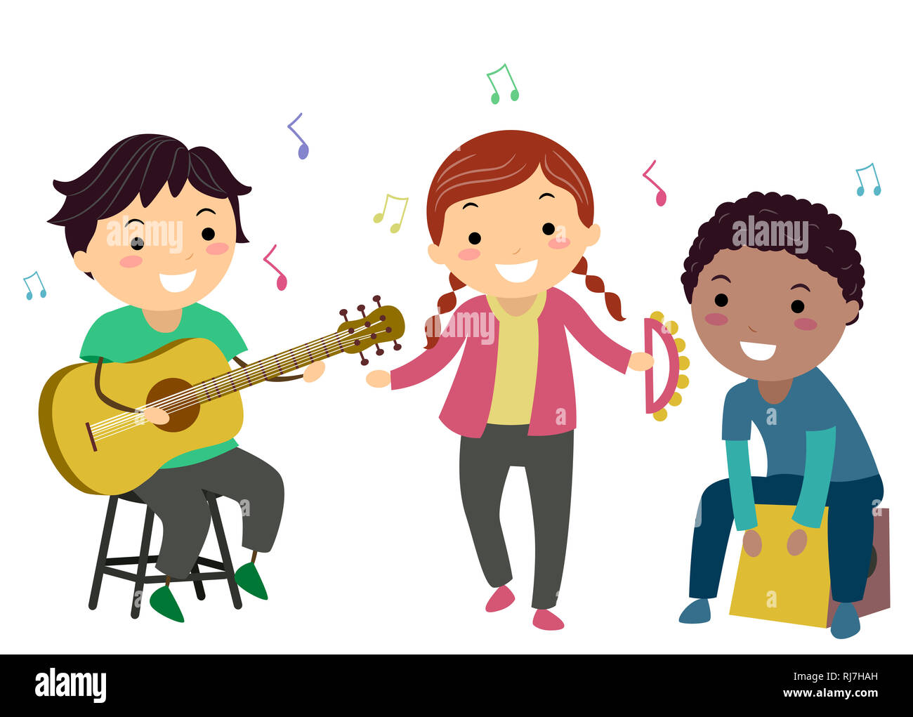 Ilustración de Stickman niños tocando la guitarra acústica, pandereta y un cajon  Instrumentos Musicales Fotografía de stock - Alamy