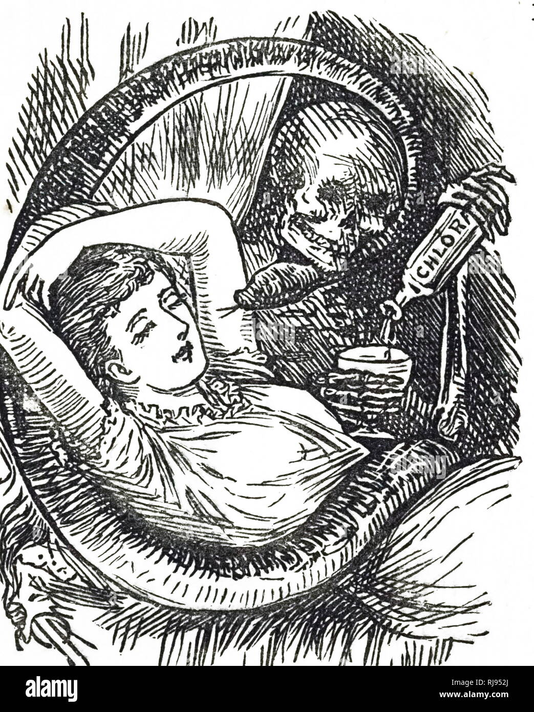 Una ilustración comentando el uso de hidrato de cloral, un sedante y