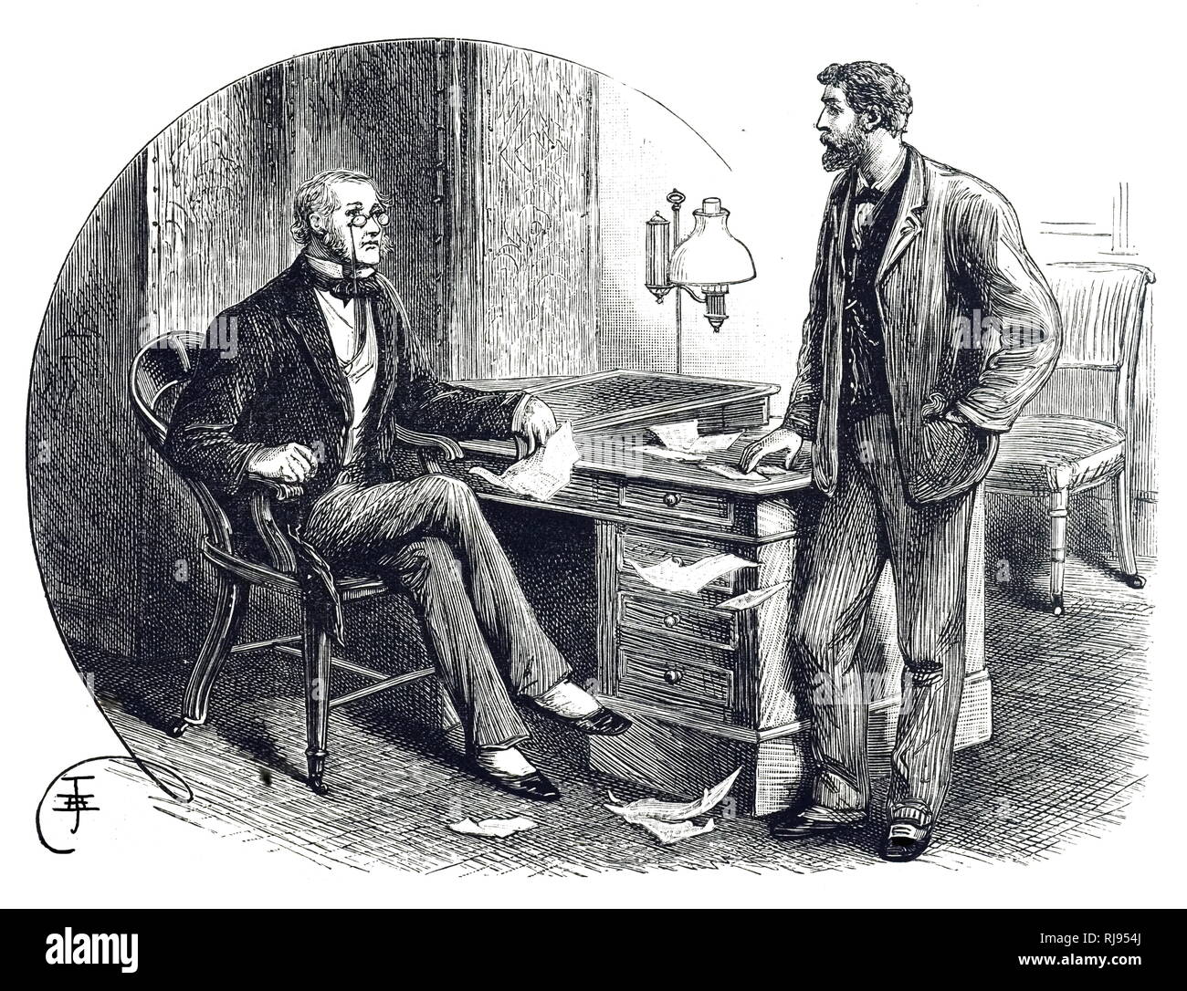 Un grabado representando un escritorio con una escritura pendiente. Ilustrado por Alfred J