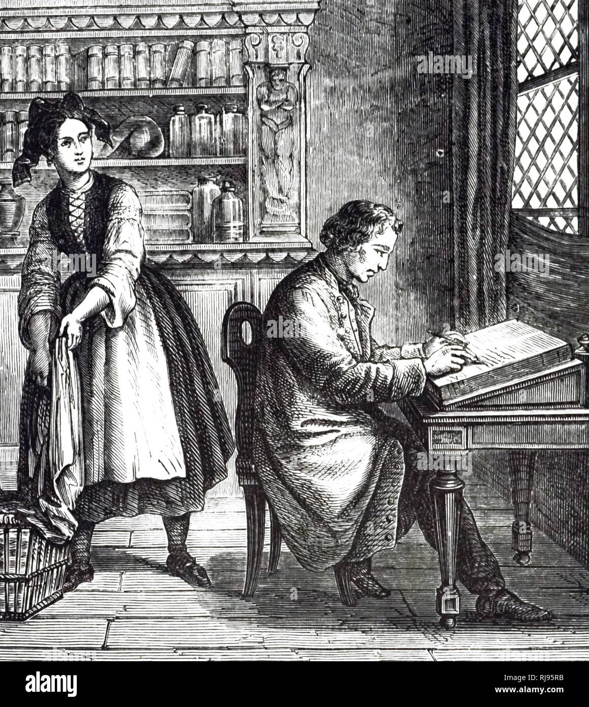 Un grabado representando a Alois Senefelder descubriendo el proceso de litografía por casualidad. Alois Senefelder (1771-1834), un actor y dramaturgo alemán que inventó la litografía en los 1790s. Fecha del siglo XIX Foto de stock