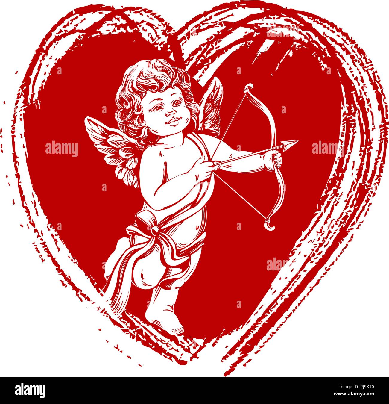 Ángel , pequeño bebé. Cupido dispara un arco con una flecha, el día de San Valentín, tarjetas de felicitación dibujada a mano ilustración vectorial dibujo realista Ilustración del Vector