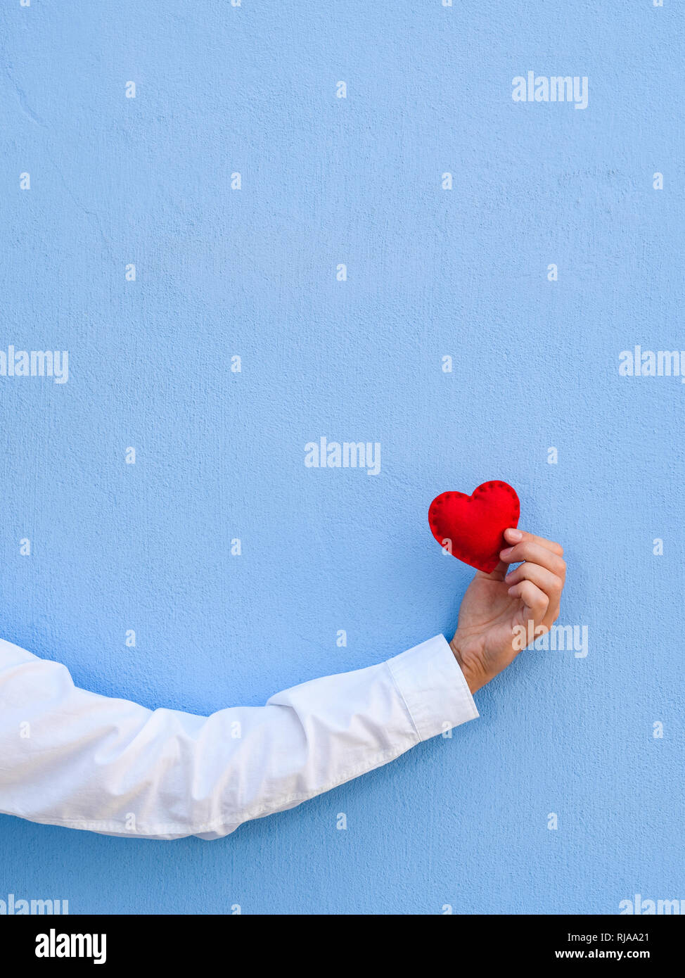Corazón de San Valentín rojo en una mano de hombre en la pared azul de  fondo. Tarjeta de felicitación con copia espacio para el texto Fotografía  de stock - Alamy
