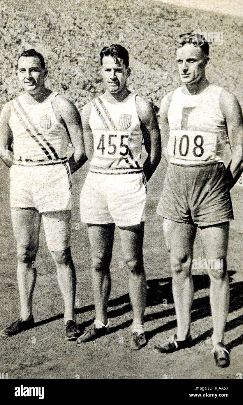 Fotografía de los tres primeros ganadores del lanzamiento de bala en los Juegos Olímpicos de 1932. (Izquierda) Leo Sexton (1909 - 1968), medallista de oro (Oriente) Harlow Rothert (1908 - 1997), medallista de plata, (derecha) Frantisek Douda (1908 - 1990) el medallista de bronce. Foto de stock