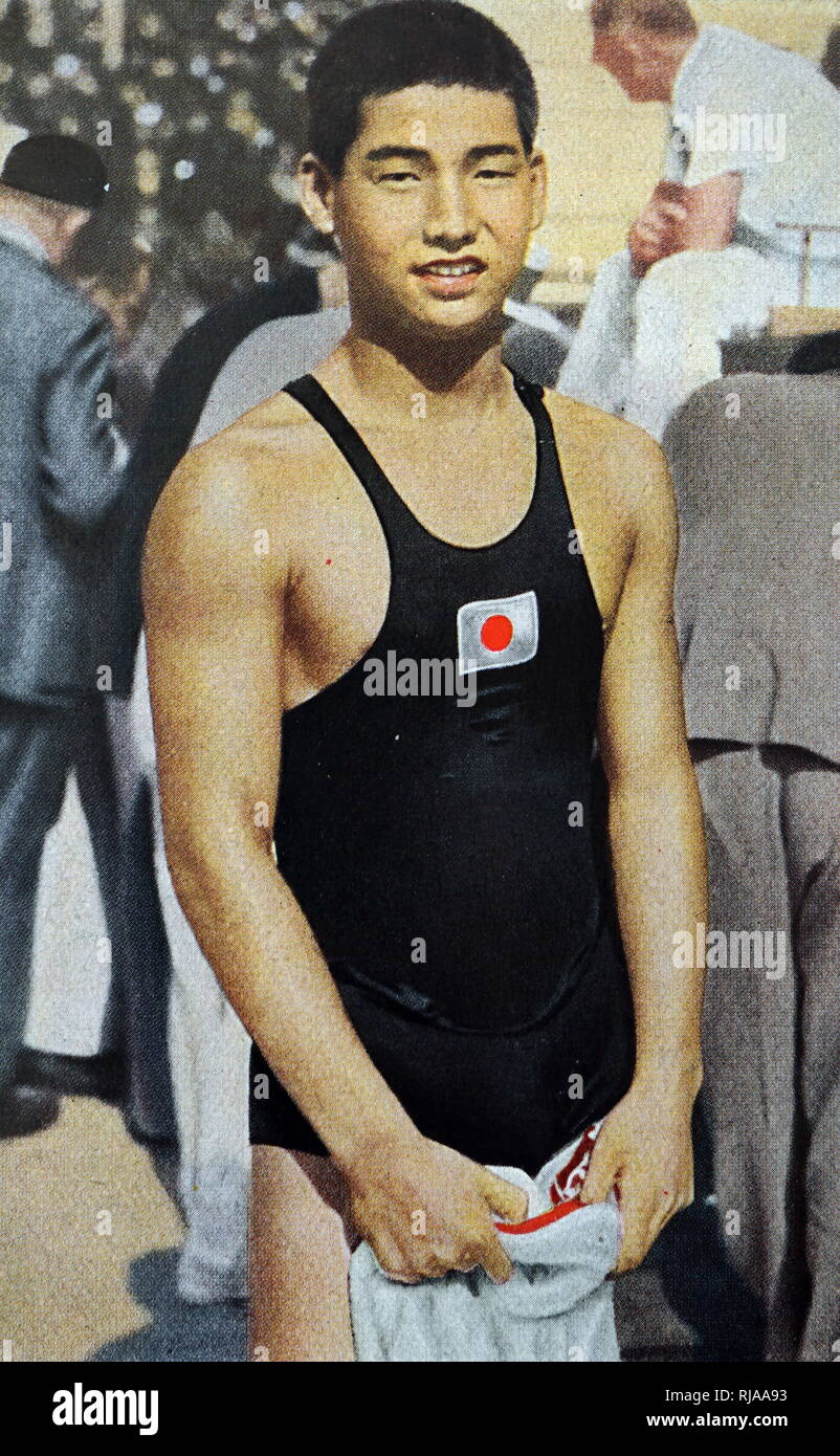 Fotografía de Yasuji Miyazaki (1916 - 1989), quien fue un nadador japonés que compitió en los Juegos Olímpicos de Verano de 1932. Yasuji cuando sólo tenía 15 años, compitió en los juegos. Foto de stock