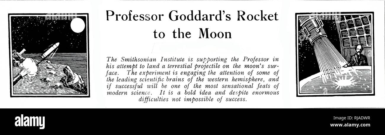 El título de un artículo de Robert H. Goddard y su cohete. Robert H. Goddard (1882-1945), un ingeniero norteamericano, profesor, físico e inventor. Fecha siglo xx Foto de stock