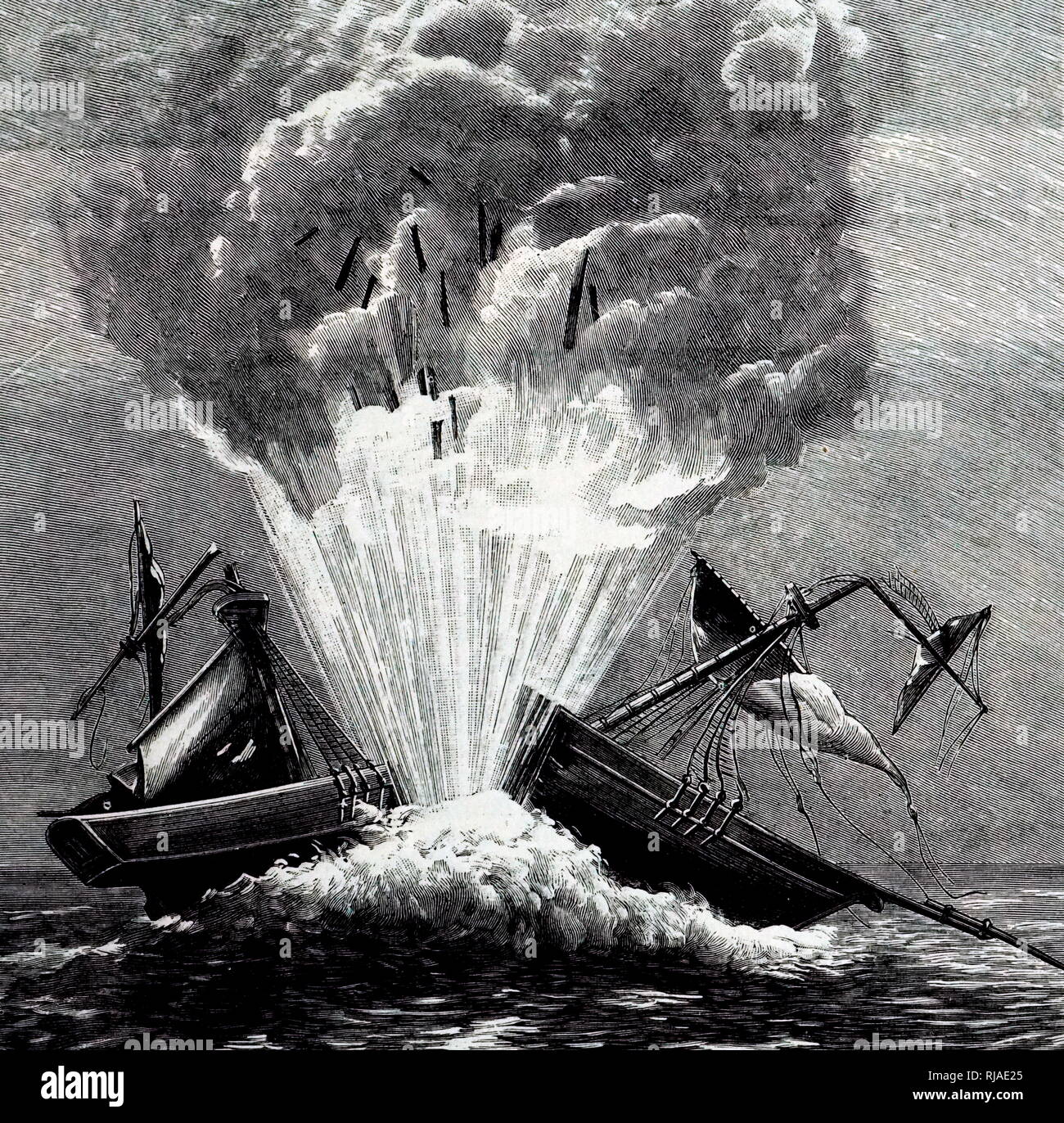 La ilustración representa el primer juicio de un torpedo disparado por el submarino Nautilus; 1905. Se destruyó el buque danés "orothée" proporcionados por el almirantazgo británico, en la Bahía de Walmer, delante del primer ministro William Pitt. El diseñador de la aplicación Nautilus fue Robert Fulton (1765 - 1815); un ingeniero e inventor americano. En 1800, fue encargado por Napoleón Bonaparte para intentar diseñar Nautilus, que fue la primera práctica submarino en la historia. Él también está acreditado con inventar algunos de los primeros del mundo torpedos navales para su uso por parte de la British Royal Navy Foto de stock
