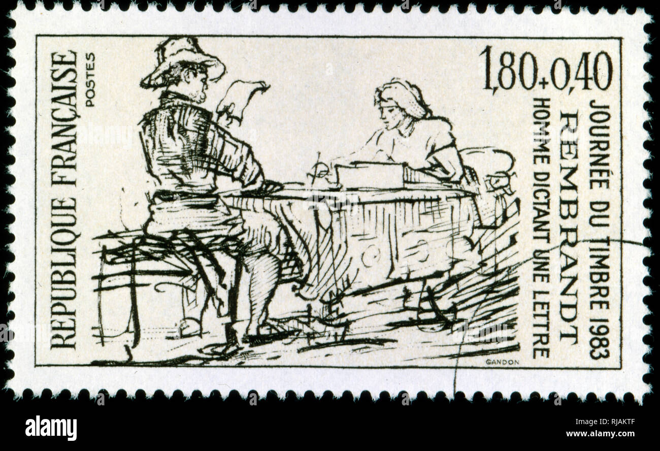 Sello francés representando un boceto de Rembrandt que muestra una mujer escribiendo una carta y un hombre leyendo una carta. 1983 Foto de stock