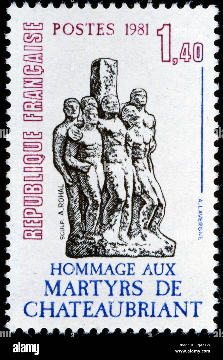 Sello francés en conmemoración de los mártires de Chateaubriant. Los mártires de Chateaubriant (Loire-Atlantique), 27 fueron fusilados por la resistencia a los Nazis, el 22 de octubre de 1941 Foto de stock