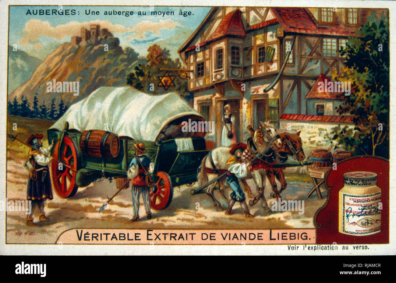 Caballos tirando de un vagón cubierto en la Edad Media; Francés Leibig tarjeta chromolithograph 1900 Foto de stock